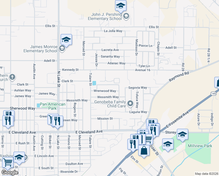 map of restaurants, bars, coffee shops, grocery stores, and more near 1404 Robinwood Way in Madera