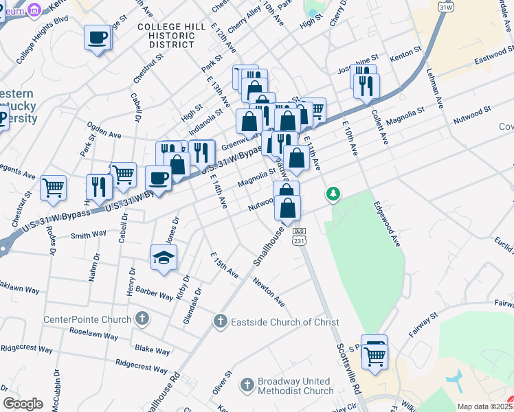 map of restaurants, bars, coffee shops, grocery stores, and more near 1280 Nutwood St in Bowling Green