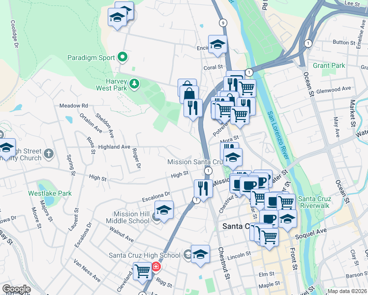 map of restaurants, bars, coffee shops, grocery stores, and more near 139 Hillcrest Terrace in Santa Cruz