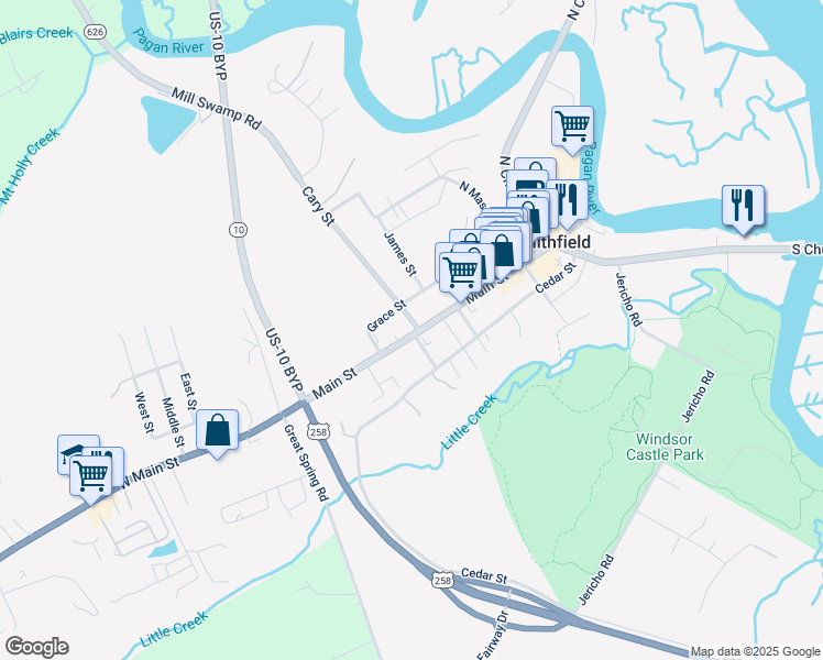 map of restaurants, bars, coffee shops, grocery stores, and more near 400 Main Street in Smithfield