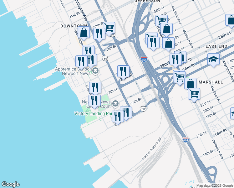 map of restaurants, bars, coffee shops, grocery stores, and more near 227 27th Street in Newport News