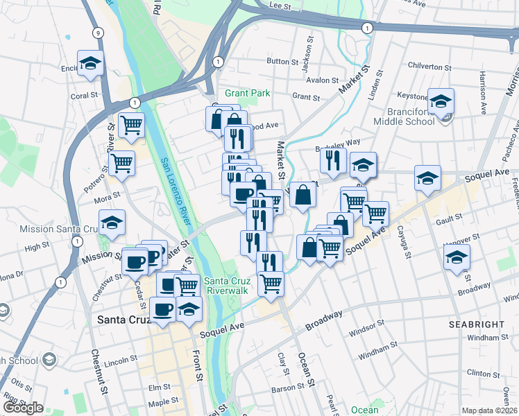 map of restaurants, bars, coffee shops, grocery stores, and more near 420 Water Street in Santa Cruz