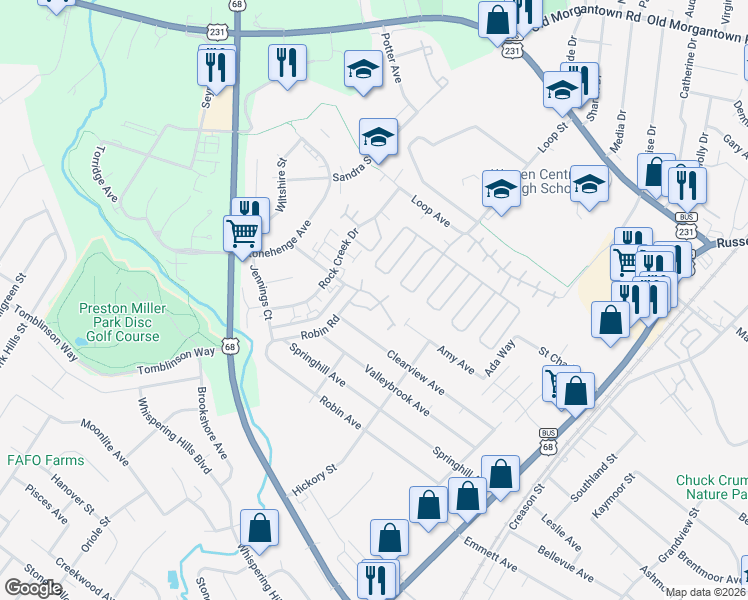 map of restaurants, bars, coffee shops, grocery stores, and more near 2105 Robin Road in Bowling Green