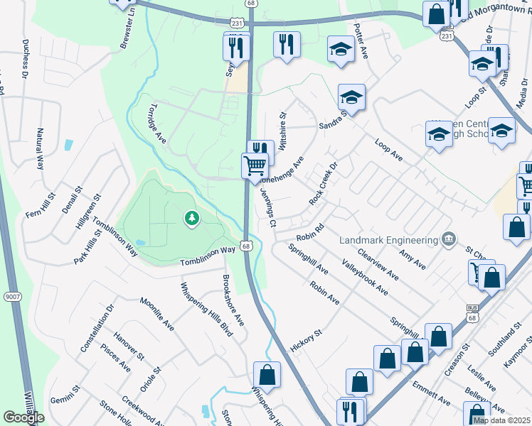 map of restaurants, bars, coffee shops, grocery stores, and more near 2071 Clover Court in Bowling Green