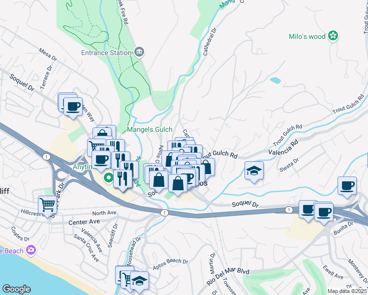 map of restaurants, bars, coffee shops, grocery stores, and more near 106 Vista Mar Court in Aptos