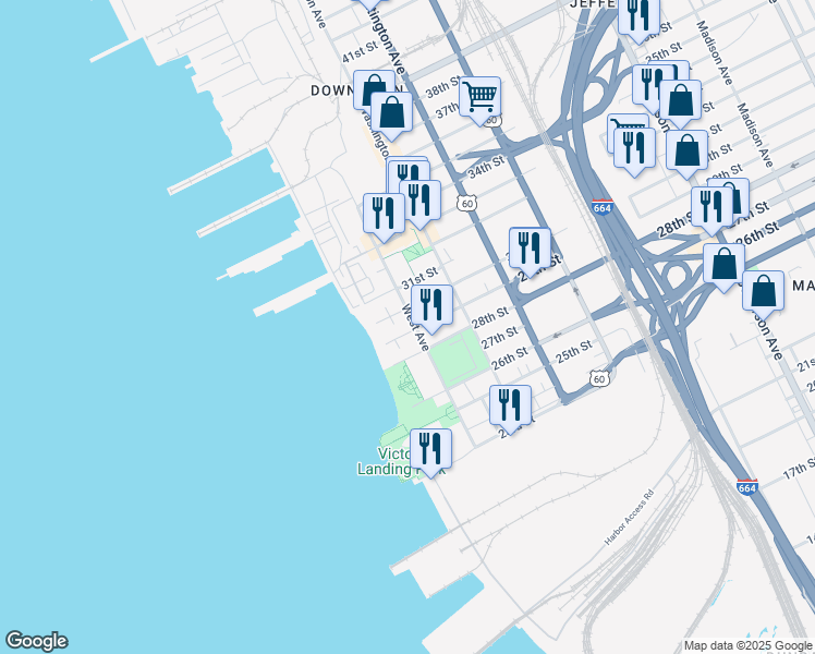 map of restaurants, bars, coffee shops, grocery stores, and more near 2901 West Avenue in Newport News