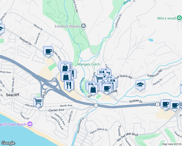 map of restaurants, bars, coffee shops, grocery stores, and more near 317 Village Creek Road in Aptos