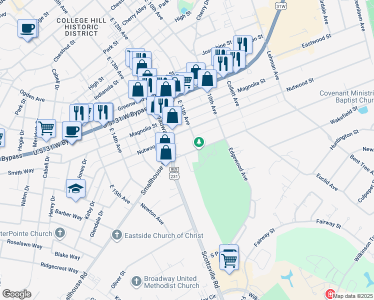 map of restaurants, bars, coffee shops, grocery stores, and more near 1113 Covington Street in Bowling Green