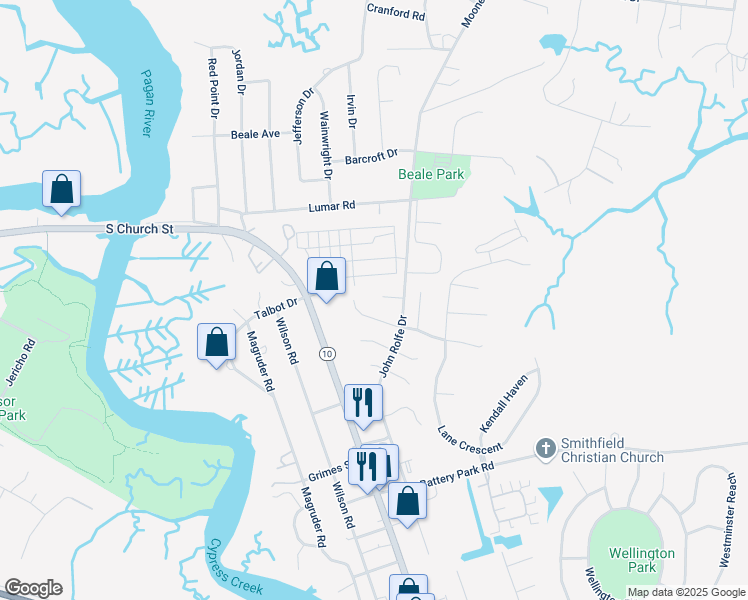 map of restaurants, bars, coffee shops, grocery stores, and more near 613 Breann Court in Smithfield