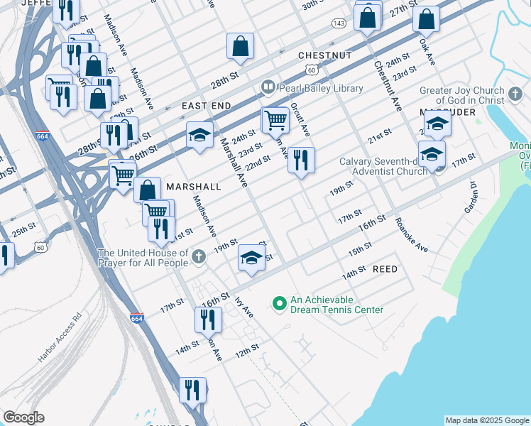 map of restaurants, bars, coffee shops, grocery stores, and more near 1910 Marshall Avenue in Newport News