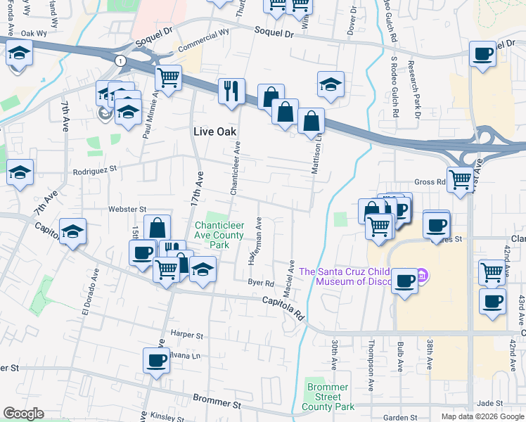 map of restaurants, bars, coffee shops, grocery stores, and more near 2034 Halterman Avenue in Santa Cruz