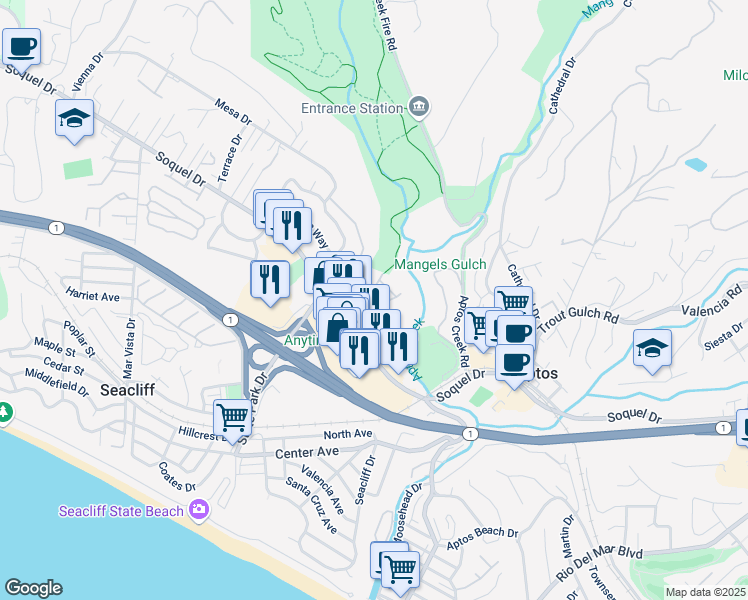 map of restaurants, bars, coffee shops, grocery stores, and more near 3360 Aptos Rancho Rd in Aptos