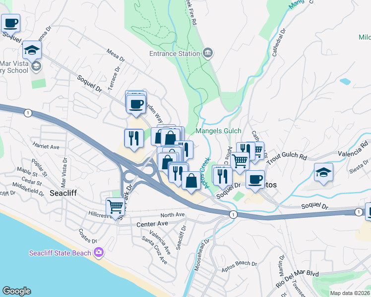 map of restaurants, bars, coffee shops, grocery stores, and more near 3360 Aptos Rancho Road in Aptos