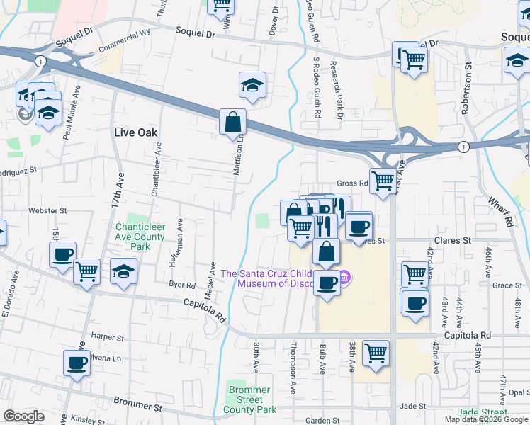 map of restaurants, bars, coffee shops, grocery stores, and more near 3345 Coffee Lane in Santa Cruz