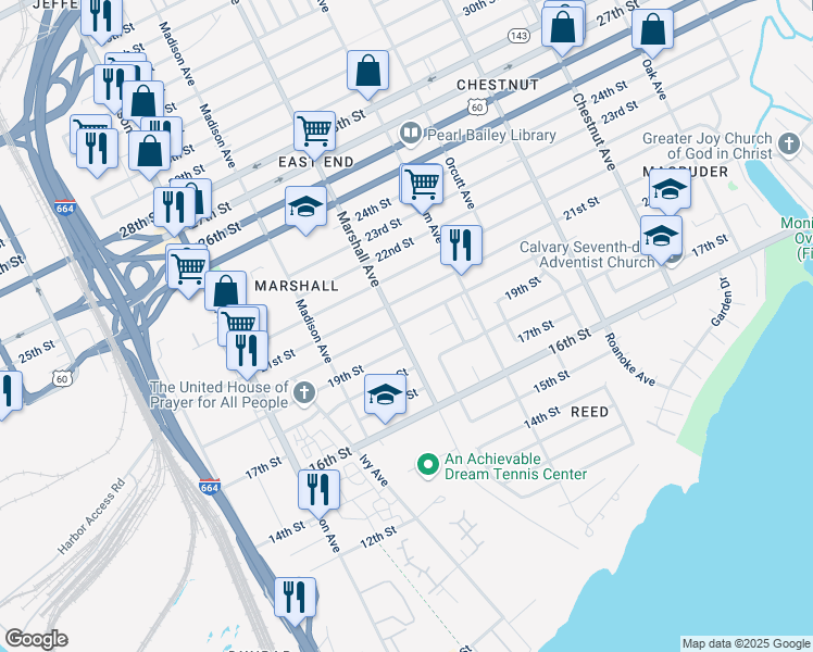 map of restaurants, bars, coffee shops, grocery stores, and more near 1910 Marshall Avenue in Newport News