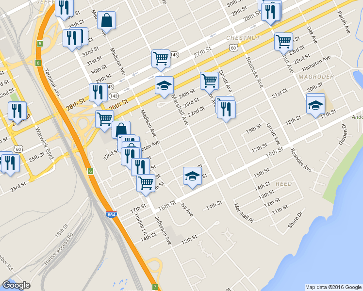map of restaurants, bars, coffee shops, grocery stores, and more near 741 20th Street in Newport News