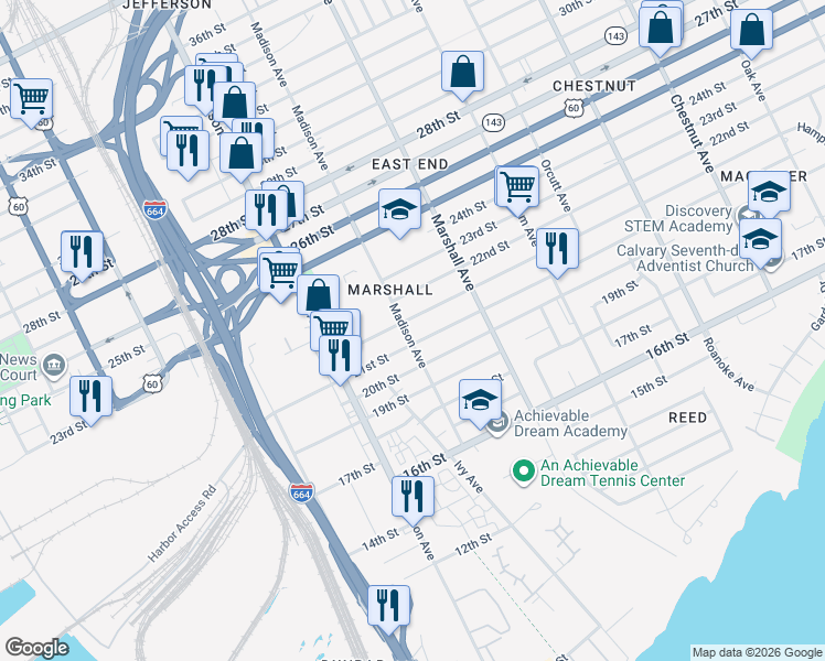 map of restaurants, bars, coffee shops, grocery stores, and more near 709 21st Street in Newport News