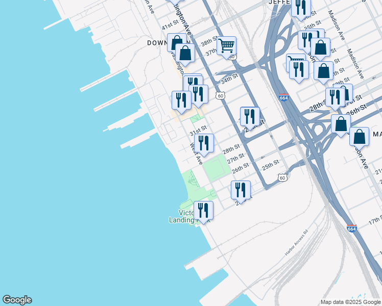 map of restaurants, bars, coffee shops, grocery stores, and more near 2901 West Avenue in Newport News