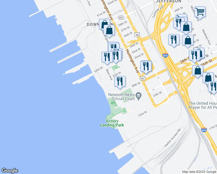 map of restaurants, bars, coffee shops, grocery stores, and more near 80 30th Street in Newport News