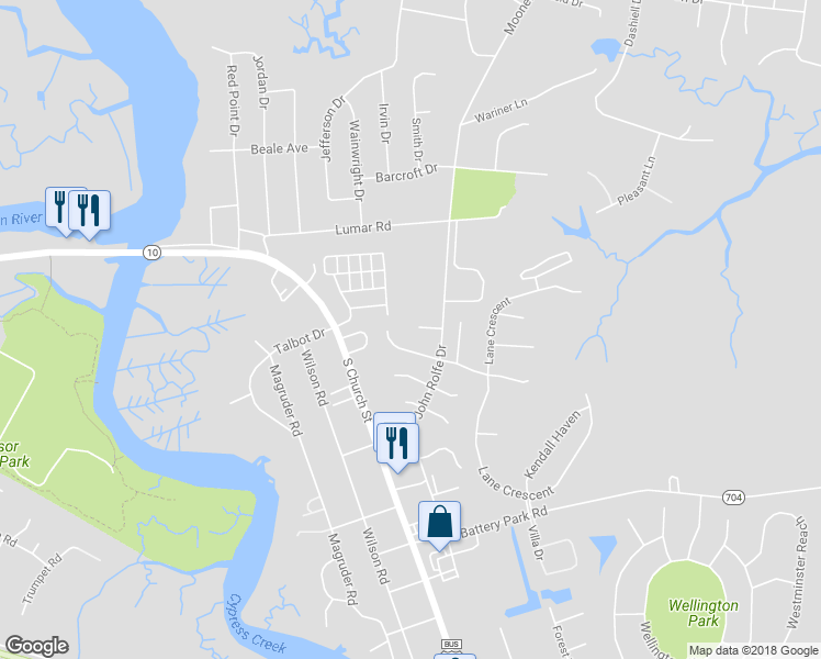 map of restaurants, bars, coffee shops, grocery stores, and more near 613 Breann Court in Smithfield