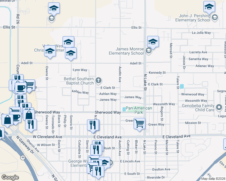 map of restaurants, bars, coffee shops, grocery stores, and more near 604 East Clark Street in Madera