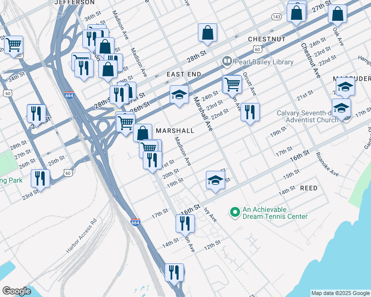 map of restaurants, bars, coffee shops, grocery stores, and more near 709 21st Street in Newport News