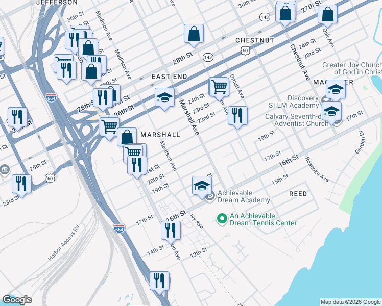 map of restaurants, bars, coffee shops, grocery stores, and more near 741 20th Street in Newport News