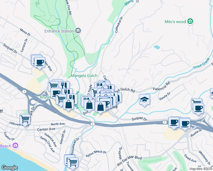 map of restaurants, bars, coffee shops, grocery stores, and more near 519 Cathedral Drive in Aptos