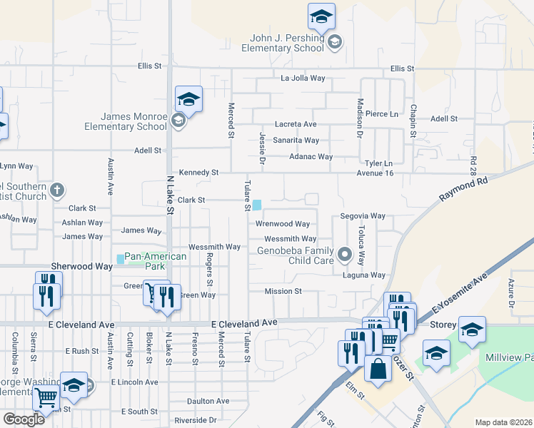 map of restaurants, bars, coffee shops, grocery stores, and more near 1500 Kern Street in Madera