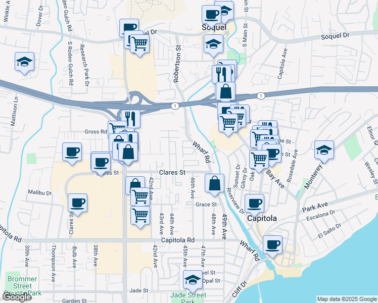 map of restaurants, bars, coffee shops, grocery stores, and more near 2155 Wharf Road in Capitola