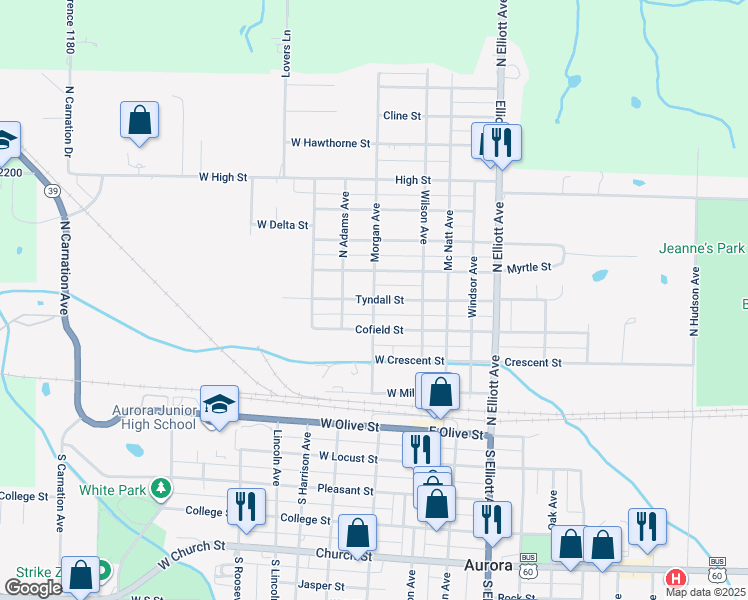 map of restaurants, bars, coffee shops, grocery stores, and more near 399 Morgan Avenue in Aurora