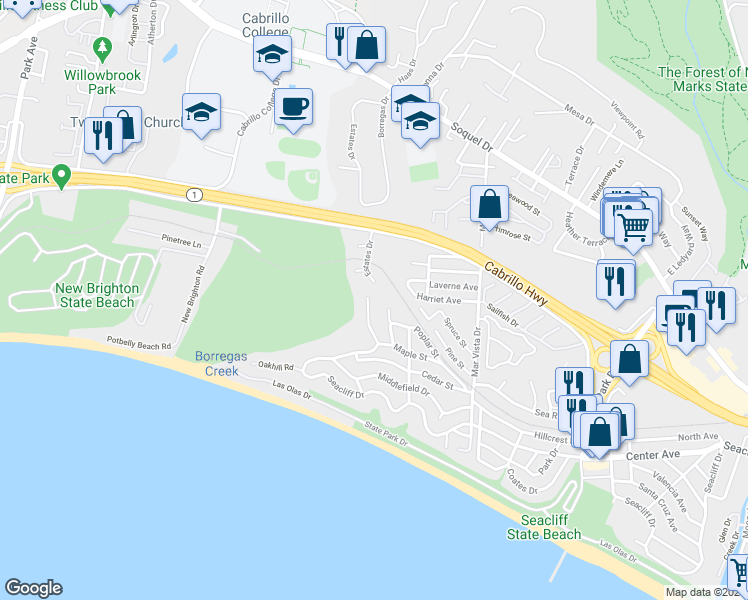 map of restaurants, bars, coffee shops, grocery stores, and more near 836 Seacliff Drive in Aptos