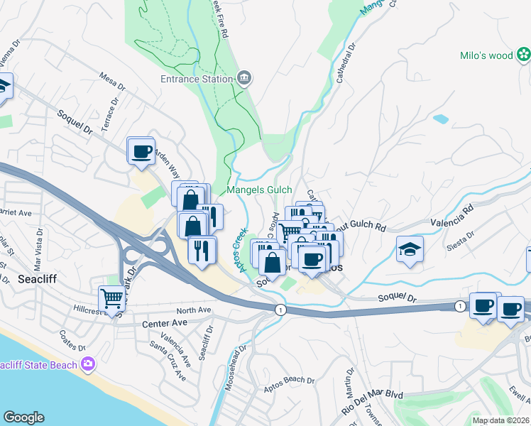 map of restaurants, bars, coffee shops, grocery stores, and more near 310 Village Creek Road in Aptos