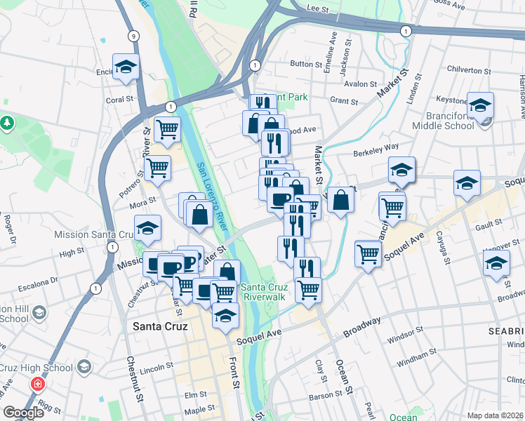 map of restaurants, bars, coffee shops, grocery stores, and more near 125 Coloma Street in Santa Cruz