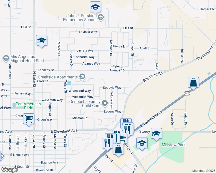 map of restaurants, bars, coffee shops, grocery stores, and more near 1486 Toluca Way in Madera