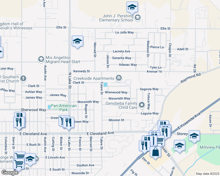 map of restaurants, bars, coffee shops, grocery stores, and more near 1500 Kern Street in Madera