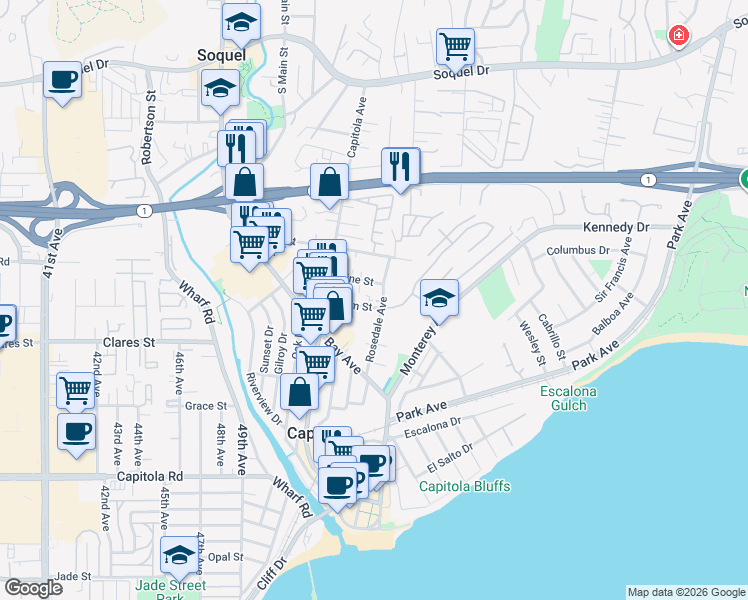 map of restaurants, bars, coffee shops, grocery stores, and more near 501 Plum Street in Capitola