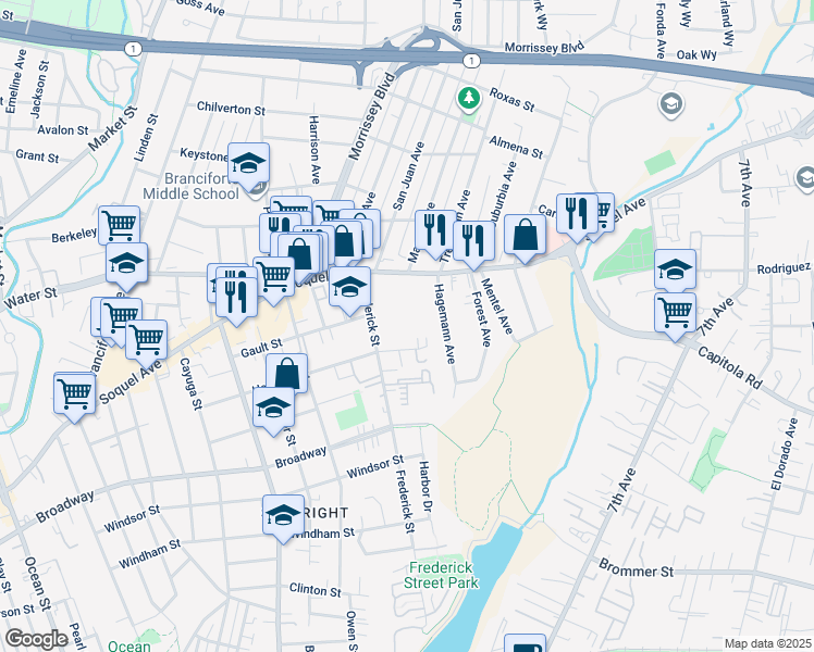 map of restaurants, bars, coffee shops, grocery stores, and more near 935 Hanover Street in Santa Cruz