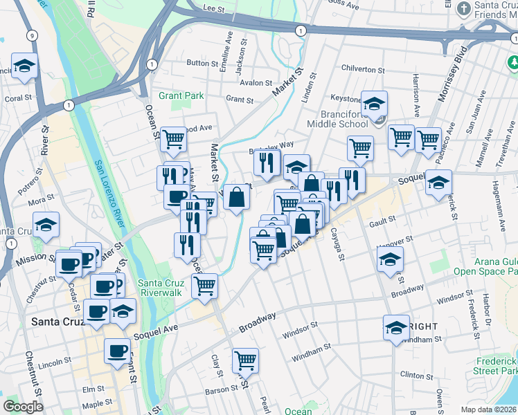 map of restaurants, bars, coffee shops, grocery stores, and more near 152 Sunnyside Avenue in Santa Cruz