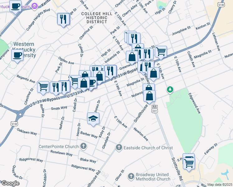 map of restaurants, bars, coffee shops, grocery stores, and more near 1442 Magnolia Street in Bowling Green