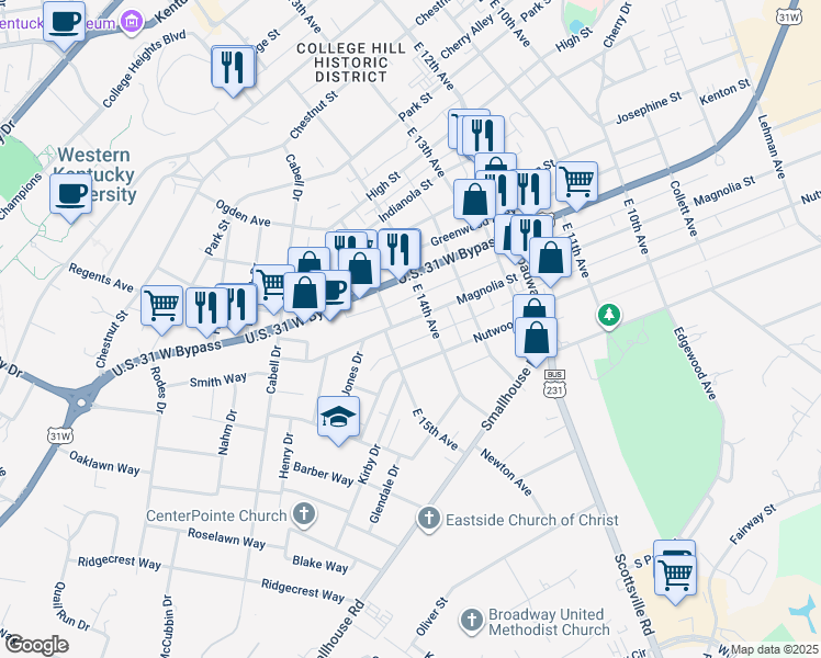 map of restaurants, bars, coffee shops, grocery stores, and more near 1442 Magnolia Street in Bowling Green