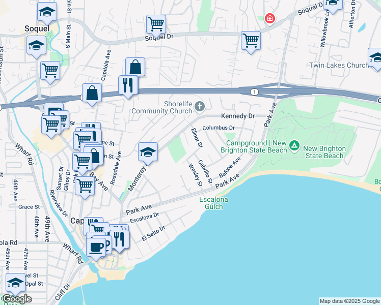 map of restaurants, bars, coffee shops, grocery stores, and more near 153 Cabrillo Street in Capitola