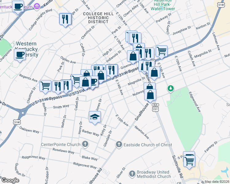 map of restaurants, bars, coffee shops, grocery stores, and more near 1442 Magnolia Street in Bowling Green