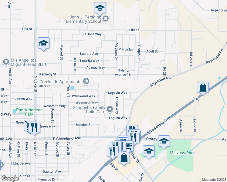 map of restaurants, bars, coffee shops, grocery stores, and more near 1486 Toluca Way in Madera