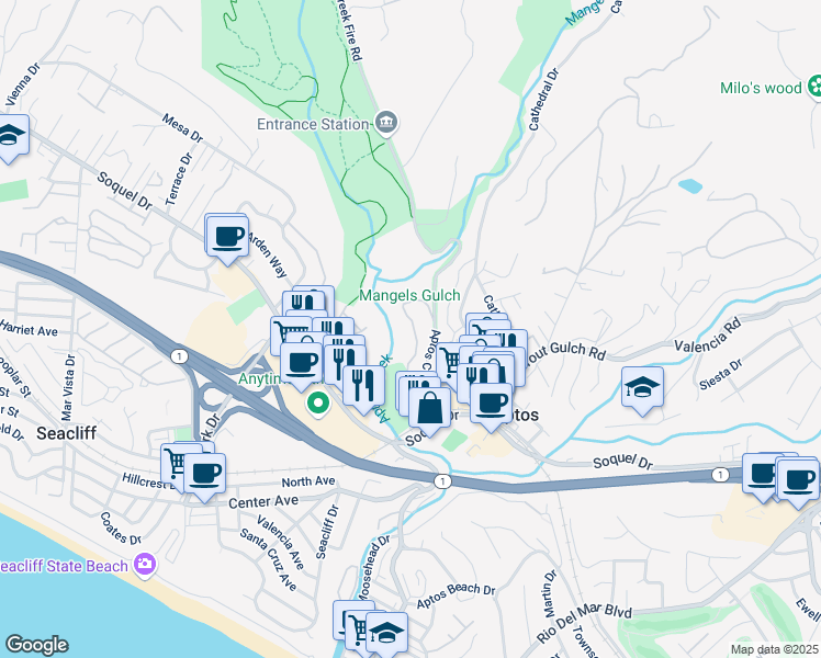 map of restaurants, bars, coffee shops, grocery stores, and more near 322 Village Creek Road in Aptos