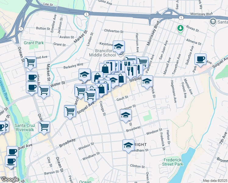 map of restaurants, bars, coffee shops, grocery stores, and more near 1214 Soquel Avenue in Santa Cruz