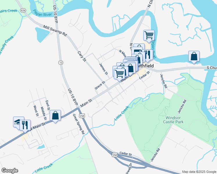 map of restaurants, bars, coffee shops, grocery stores, and more near 366 Main Street in Smithfield