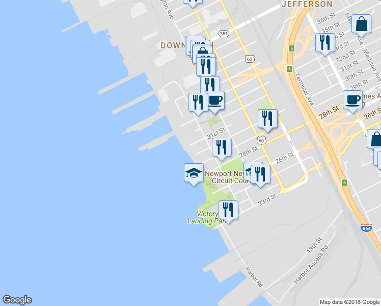 map of restaurants, bars, coffee shops, grocery stores, and more near 1 30th Street in Newport News