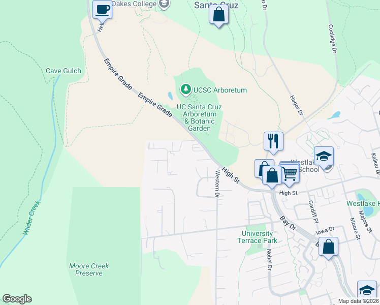 map of restaurants, bars, coffee shops, grocery stores, and more near 129 Tosca Terrace in Santa Cruz