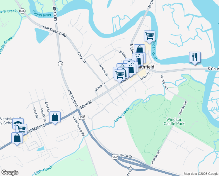 map of restaurants, bars, coffee shops, grocery stores, and more near 400 Main Street in Smithfield